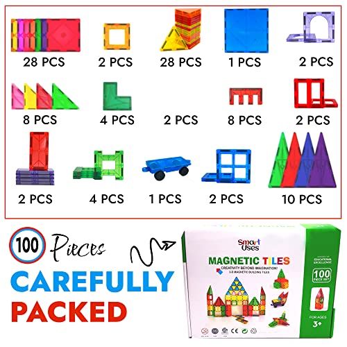 Smart Uses 100Pc Magnetic Tiles For Kids Ages 4-8, Educational 3D Magnetic Building Blocks For Kids And Toddlers 1-3, Magnetic Toys With Different Shapes, Colors For Creativity And Imagination. #TOP2