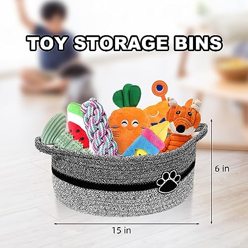 Small Woven Baskets for Organizing Rope Storage Basket with Handle Cute Cotton Basket for Nursery Gift Dog Toy Storage Bins for Toy Organizer-Black&Grey