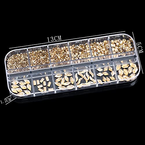1070 Pieces Champagne Gold Crystals Nail Art Rhinestones Ss4-Ss16 Round Beads Flatback Rhinestones Gold Multi Shapes Glass Crystal For Nail Art Craft Clothes Shoes Diy Decoration Jewel Accessories (A) #TOP6
