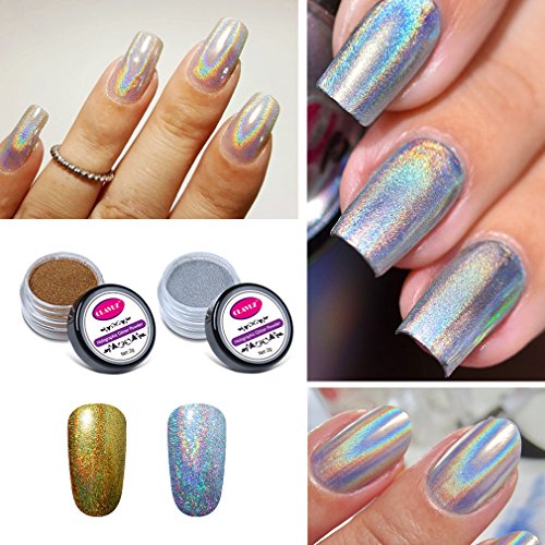 CLAVUZ 2pcs Chrome Powder Holo Effect Gold Silver Chameleon Color Changing Glitter Nail Powder Manicure Pigments with Sponge Stick Nail Art Tools Kit