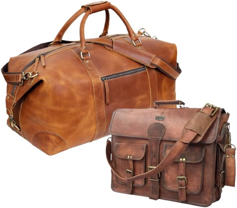 18 Inch Vintage Handmade Leather Travel Messenger With 24" Leather Buffalo Travel Case Duffel Luggage Bag