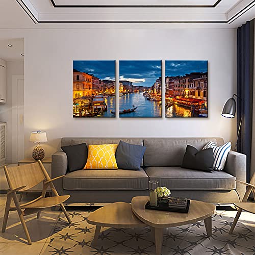 Pacimo 3 Piece Venice Night View Giclee Canvas Prints Wall Art Italy Venice Grand Canal At Night Picture Painting Print On Canvas Poster Modern Artwork Stretch And Framed Ready To Hang -12" X 16" X 3 #TOP1