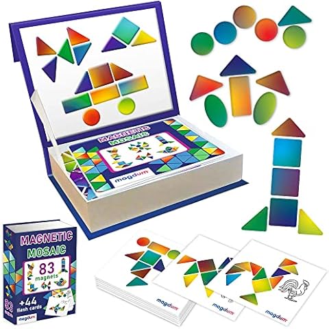MAGDUM Tangram puzzles for Kids - Magnetic Travel games for Kids - 83 Pieces Magnetic Geometric Shapes puzzle - 44 Flashcards Fridge Magnets for Kids Magnets Toys Toddler Preschool Toys Magnetic Toys Cover