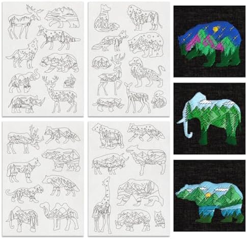 BENECREAT 4Sheets 35Pcs Forest Animals Mountain Water Soluble Embroidery, 11.7x8.3inch Wolves Deer Bear Stick and Stitch Embroidery Paper Stabilizer Water Soluble Hand Sewing for Shirts, Coats, Bags
