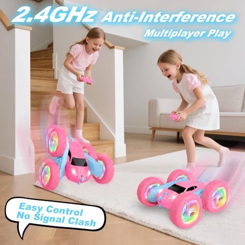 Image of Remote Control Car, RC Cars for Girls, 2.4 GHz Double Sided RC Crawler with Upgraded USB-C Modular Battery, 360Rotating Car Toys for 6 7 8 9 10 11 12 Year Old Girl Birthday Gift PinkBlue