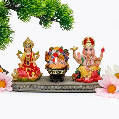 Estatua Lakshmi Ganesha con Diya 4.1" Polystone miniatura 2