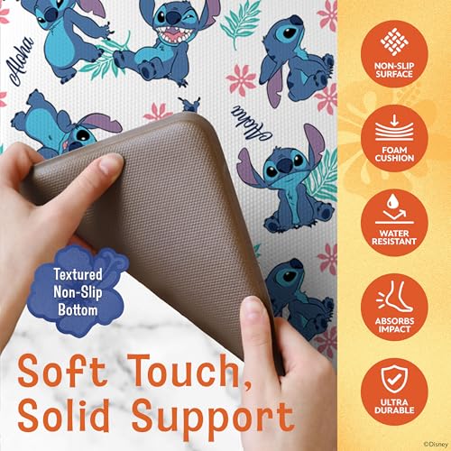 Image of Disney Stitch Anti-Fatigue Kitchen Mats for Floor, 17x47, Non-Slip | 12mm PVC foam cushions feet and back, water resistant, wipes clean, won't compress or crack over time