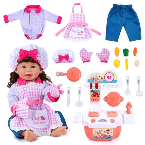 BABESIDE Reborn Baby Doll Clothes for 17-22 Inch Dolls, 18 Pcs Dolls Chef Outfit Set with Apron, Hat, Pants and Cooking Toys Set, Reborn Baby Doll Accessories for Toddler Role Play