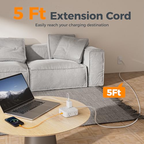 Image of TESSAN Surge Protector Power Strip, 5 Ft Flat Plug Extension Cord with 3 USB (1 USB C) 8 Outlets, 1250W, 900J Protection, 3 Sided Outlet Extender with Power Switch for Office, Dorm Room, White
