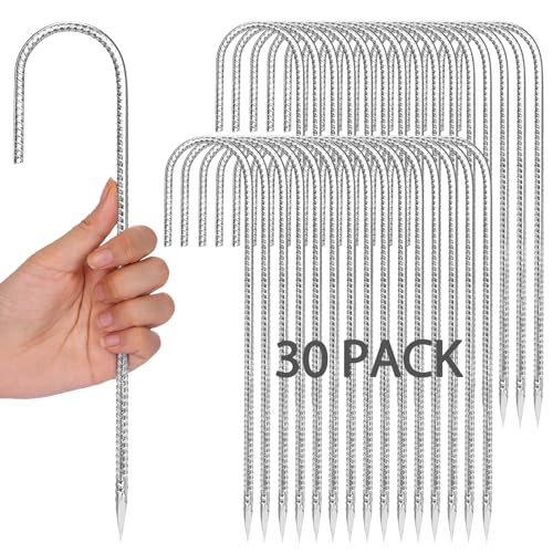 CEWOR 30 Pack 12 Inch Rebar Stakes, J Hook Galvanized Ground Stakes Heavy Duty Chain Link Fence Stakes Metal Ground Anchors for Tent Camping, Trampoline, Outdoor Garden Decorations