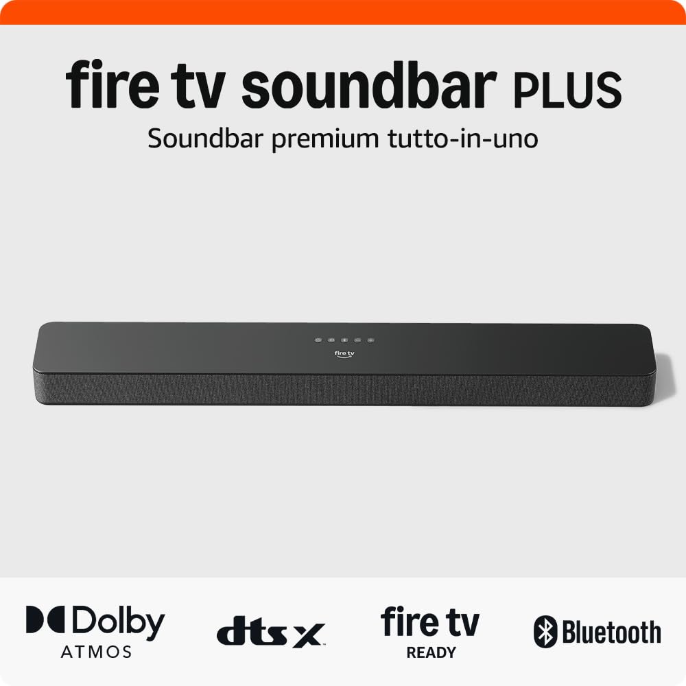 Here is the generated alt text:



introduzione di amazon fire tv soundbar plus con 3 canali e design tutto in uno con dolby atmos dts:x chiaro dialogo