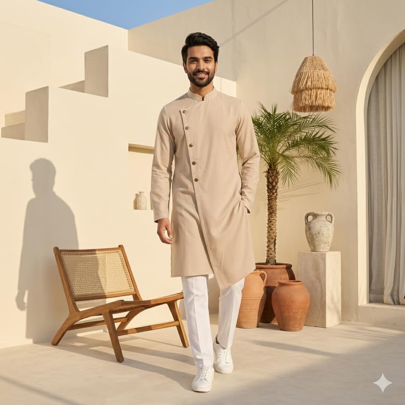 Image of OOMPH! Men's Ethnic Traditional Asymmetric Kurta Polycotton Regular Fit | High Neck Full Sleeves | Traditional Indian Festive Kurta | Stylish Casual and Wedding