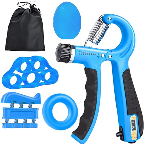 Kit Hand Grip con 5 Accesorios - Fortalecedor para Ejercitar Mano Antebrazo y Dedos - Grip Strength - Ejercitador de Manos para Rehabilitacion o Ejercicio para Entrenar Casa - Incluye Bolsa de Viaje