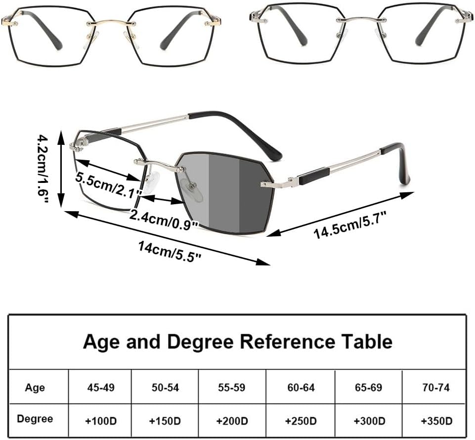 Photochromic Blue Light Blocking Reading Glasses for Men, Stylish Rimless Computer Readers, Anti UV Eyeglasses (Color : Gold, Size : 1.5x)