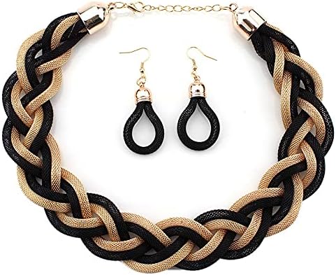 Gold Black Statement Necklace, Braided Hollow Cable Large Bib Choker Collar, Chunky Choker National Tribal Necklace Dress Prom Jewelry for Women
