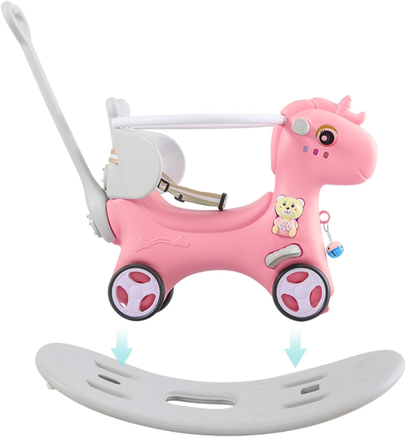 4 in 1 Rocking Horse for Toddlers 1.5-3 Years Old, Balance Bike Ride On Toys with Push Handle, Baby Rocking Toy Backrest and Balance Board for Baby Girl and Boy Fun Birthday Gift (Pink)