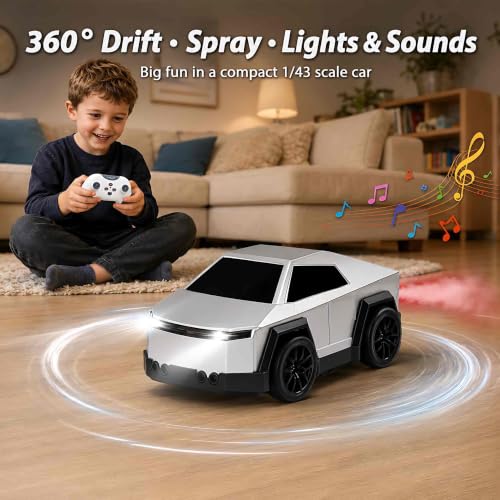 Image of PLUSPOINT 2.4GHz RC Drift Car with Spray Effect | Rechargeable Remote Control Racing Cybertruck Car with LED Lights, Smart Follow & Escape Modes | Mini Drift Vehicle Toy for Kids Age 3+