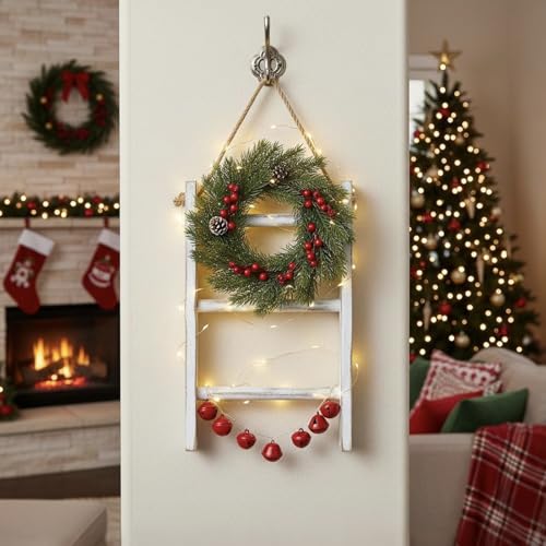 MyGift Rustic Hand Towel Holder, Whitewashed Solid Wood Farmhouse Bathroom Decor, Small Blanket Ladder for Home Decor, Wall Mounted Towel Rack for Shabby Chic Decor - Image 5