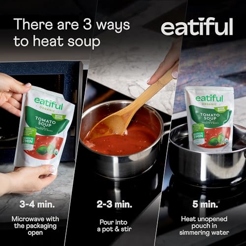 Image of EATIFUL Organic Tomato Soup, Ready To Eat Vegan Plant Based Creamy Tomatoes Soup, No Added Preservatives, Gluten Free, NON GMO, 14.1 Ounce (Pack of 3)
