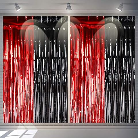 PARTVON Red Black Foil Fringe Curtains - Graduation Party Casino Viva Las Vegas Game Night Birthday Halloween Party Photo Backdrops Wedding New Years Eve Party Decorations Cover