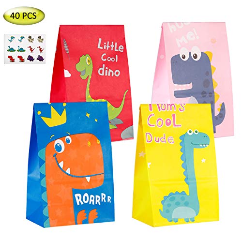 JOYUE 40 Pcs Bolsas de Fiesta Dinosaurios, Bolsas de Papel de Caramelos, Bolsa de Regalo Ambiental con 72 Pegatinas de Dinosaurios, Bolsas de Kraft Colores para Niños Suministros Fiesta de Cumpleaños