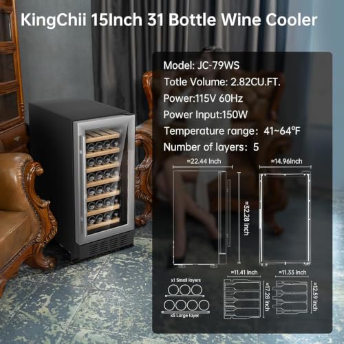 Image of KingChii 15 Inch 26 Bottle Dual Zone Wine Cooler Refrigerator Professional Compressor, Stainless Steel & Tempered Glass for Red Wine, Champagne - Built-in or Freestanding for Home, Kitchen, or Office