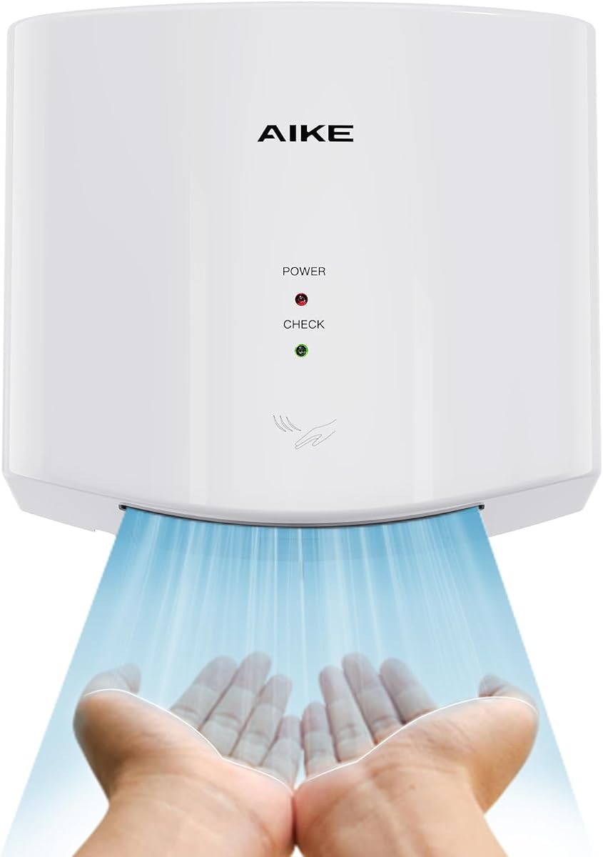 Secador de manos compacto AIKE Air Wiper para baños, 110 V Modelo AK2630S Blanco | Blade Air 15S Tiempo de secado, secador de chorro de alta velocidad de 1400 W, diseño compacto y fácil instalación para el baño del hogar, pequeñas empresas
