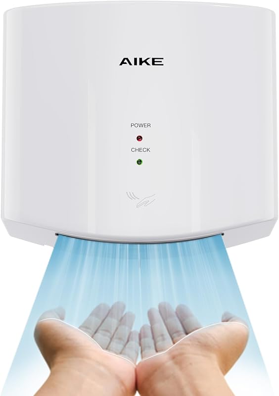 Secador de manos compacto AIKE Air Wiper para baños, 110 V Modelo AK2630S Blanco | Blade Air 15S Tiempo de secado, secador de chorro de alta velocidad de 1400 W, diseño compacto y fácil instalación para el baño del hogar, pequeñas empresas
