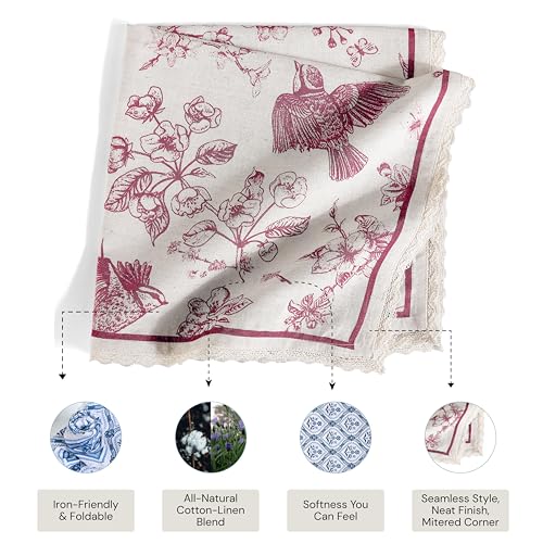Image of FINGERCRAFT Printed Cloth Napkins Cotton Linen Blend Fabric Set of 12 with Classic Lace 20x20 Inch Dinner Napkin Durable and Good Absorbency for Home, Hotels, Parties (Toile Red)
