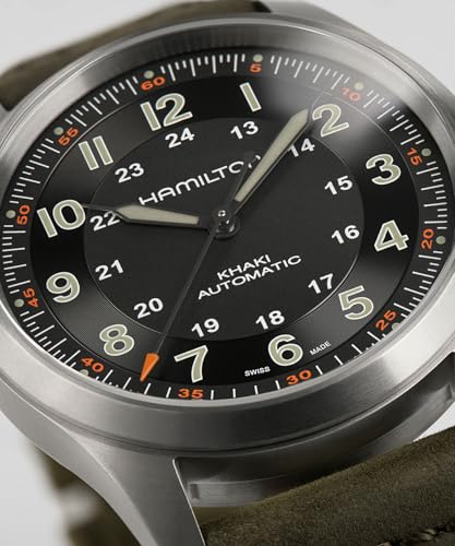 Image of Hamilton Khaki Field Titanium Automatic Men's Watch, 38mm Titanium Case, Swiss Made, Black Dial Analog Wrist Watch for Men, 100m Waterproof, Sapphire Crystal, 3-Hand Movement, Cow Leather Strap