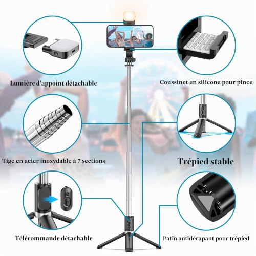 Perche Selfie Trepied avec Lumière, Perché à Selfie Trépied Smartphone Bâton Selfie Portable Télescopique avec Télécommande Amovible et Rotation à 360 ° pour iPhone, Samsung, Huawei – vue 3