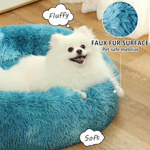 Donut Calming Dog Cat Bed, Fluffy Washable Plush for Small Medium Large Pets, Anti-Anxiety Round Puppy Bed With Anti-Slip Bottom (XS, Gradient Blue) - Image 4