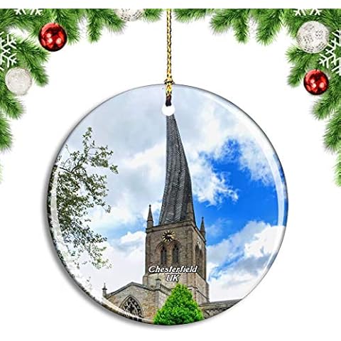 Weekino UK England Chesterfield Twisted Crooked Spire Christmas Xmas Tree Ornament Decoration Hanging Pendant Decor City Travel Souvenir Collection Double Sided Porcelain 2.85 Inch Cover