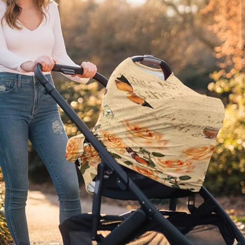 Image of Rose Butterfly Multi-Purpose Baby Car Seat Cover Dust Cover Washable Nursing Breastfeeding Covers Soft Infant Stroller Cover Sun-Proof Breastfeeding Scarf