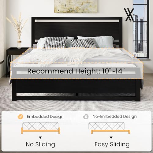 Image of SHA CERLIN Heavy Duty King Size Bed Frame with Modern Headboard, Black | Platform Metal Base with Footboard and 13 Slats Support, No Box Spring Needed