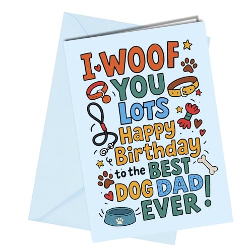 Oscar Finks Carte d'anniversaire amusante du chien pour papa « To the best Doggy Dad Ever » « I Woof you lots », format A5 avec enveloppe assortie, thème friandises #1894