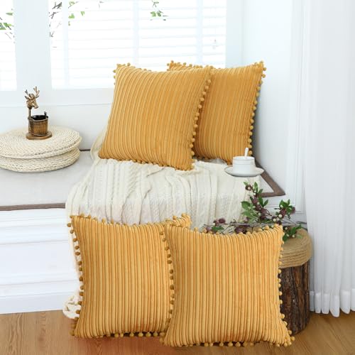 Oirpro Yellow Throw Pillow Covers 18x18 Set of 4 Soft Corduroy Modern Boho Spring Decorative Cushion Covers with Pom-poms for Couch Bed Sofa Living Room