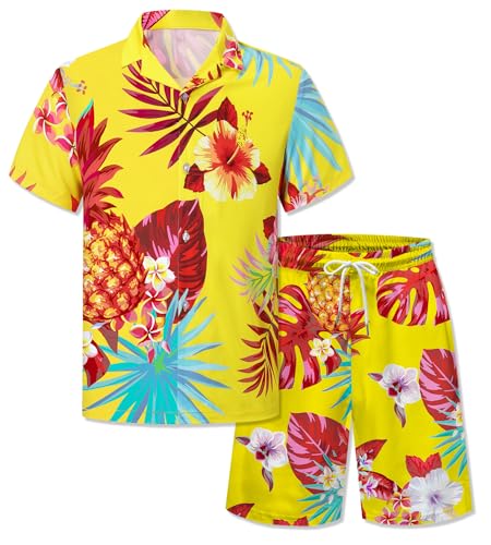 Image of Cromoncent Boy and Men Hawaiian Outfits Short Sleeve Shirts and Shorts Hawaiian Suits Beach Tropical 2 Pcs Vacation Sets