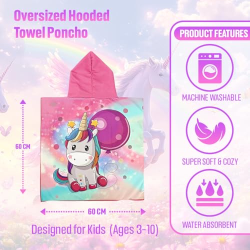 Image of TONY STARK Poncho Towel for Kids, Beach Towel with Hoodie, 60x60cm Travel Towel for 1-7 Years Girls and Boys, Soft Microfiber Sleeved Poncho (Magical Unicorn)