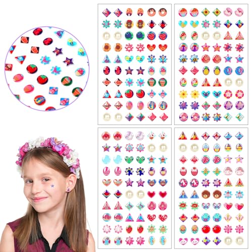 AUGSUN Lot de 240 boucles d'oreilles autocollantes pour petites filles et enfants - Pierres précieuses scintillantes 3D - Autocollants en cristal