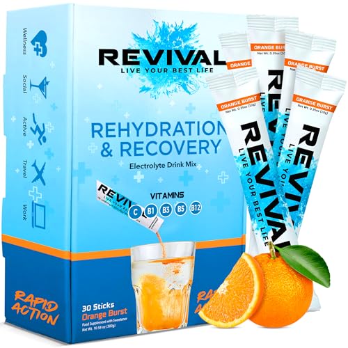 Revival Rapid Rehydration Electrolytes Powder - High Strength Vitamin C, B1, B3, B5, B12 Supplement Sachet Drink, Effervescent Electrolyte Hydration Tablets - 30 Pack Orange