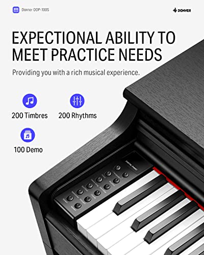 Donner DDP-100S Digital Piano 88 Key Weighted Graded Hammer-Action Piano Keyboard with MIDI IN/OUT, 200 Sounds, 200 Rhythms, 100 Demo, Donner Duet Piano Bench - image 3