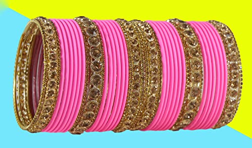 Image of NMII Non-Precious Metal Base Metal and Studded Zircon Gemstone and Matte Finish Worked Bangle set for Women /Girls