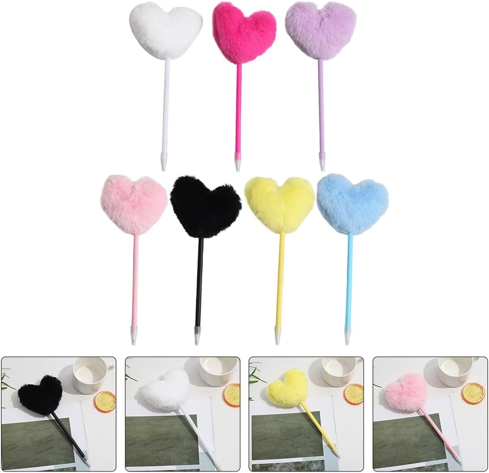 TEHAUX Colorful Fluffy Ball Pen 7pcs: Heart Shape Pom Pom Pen - Cute Fuzzy Pens - 7 Color Fluffy Pens for Girls - Pom Pom Pens for Home School Office Use