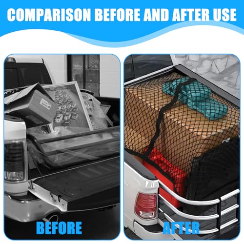Hochelastisches Gepäcknetz 120x120cm (Max. 210x210cm Dehnbar), LKW-Bett-Organizer mit 6 Stahlkarabinern für Große SUVs Transporter Busse Vans • Ladungssicherung Einlagige(Einlagig)