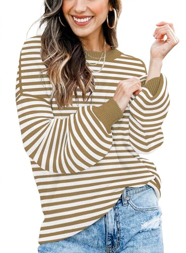 Image of Fall Clothes for Women 2026 Fashion Outfits Knitted Oversized Sweaters | Disamer Womens Sweater Trendy,Color Block Crew Neck Long Sleeve Knitted Pullover Jumper Tops,Striped,Winter Cute Sweaters