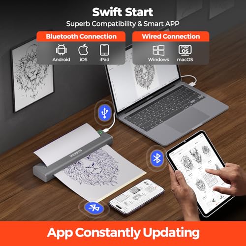 MUNBYN Tattoo Drucker Bluetooth, Stencil Drucker, Tattoo Printer Thermodrucker mit 20 Blatt A4 Transferpapier, Kompatibel mit Android iOS macOS Windows, ITP05, Grau