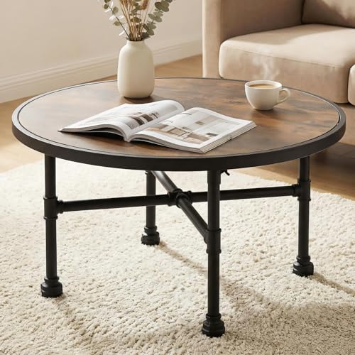 Industrial Large Round Wood Coffee Table for Living Room, Modern