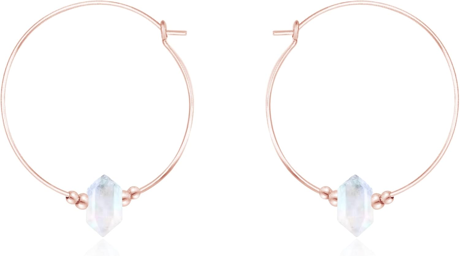 Luna Tide Rainbow Moonstone Large Double Terminated Crystal Hoop Earrings in 14k Rose Gold Fill