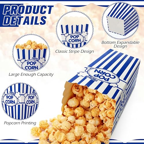 Image of Xinnun 100 Pcs Popcorn Boxes 32oz Classic Stripe Paper Buckets Disposable Oil Proof Popcorn Container Retro Open Top Box for Movie Night Supplies Theaters Carnival Birthday (Dark Blue)